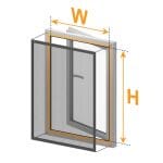 Isometric diagram of Fliegengitter Fenster - mit Rahmen, labeled W (width) and H (height) with orange arrows and dashed lines.